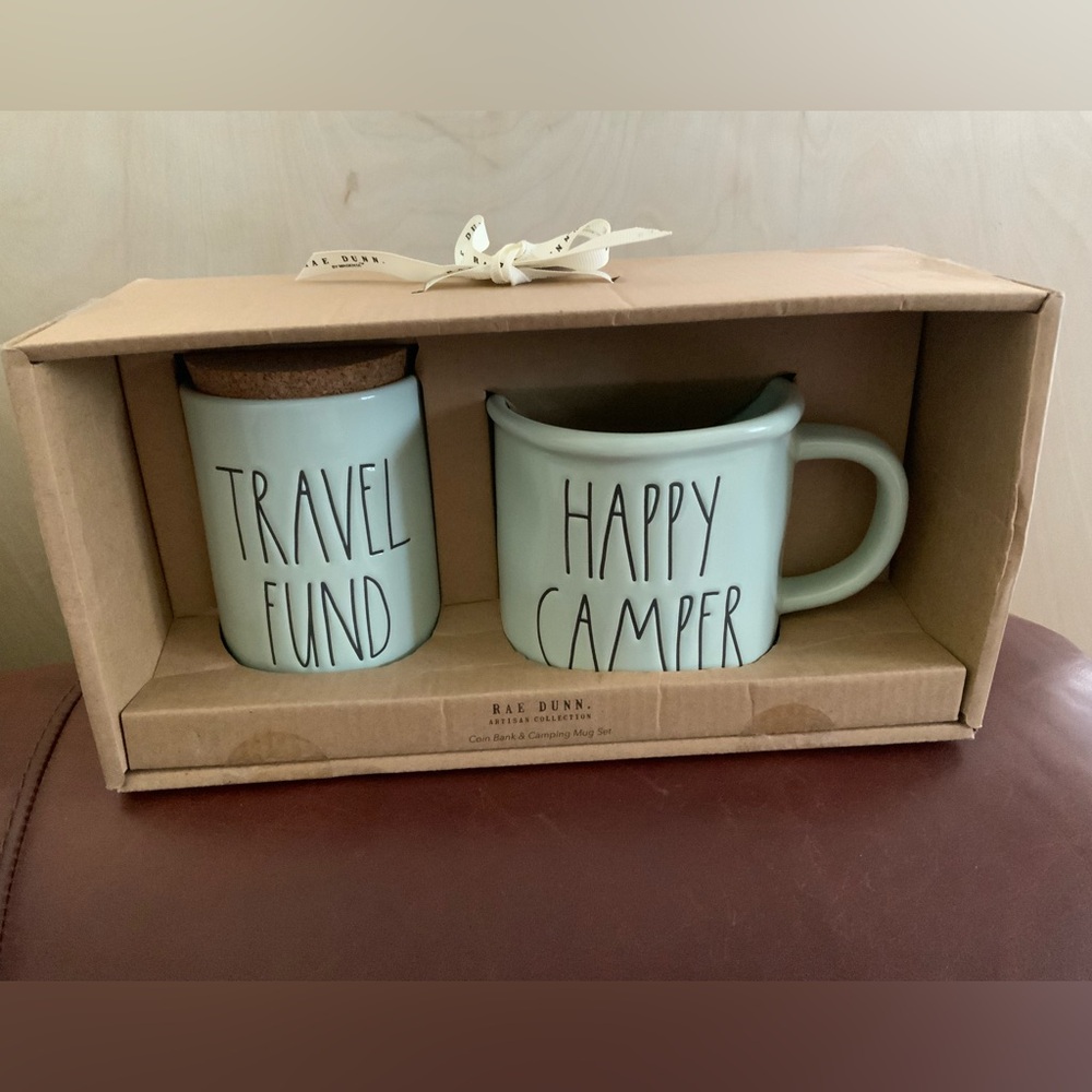 Rae Dunn Green Mug and Jar Set - Happy Camper & Travel Fund